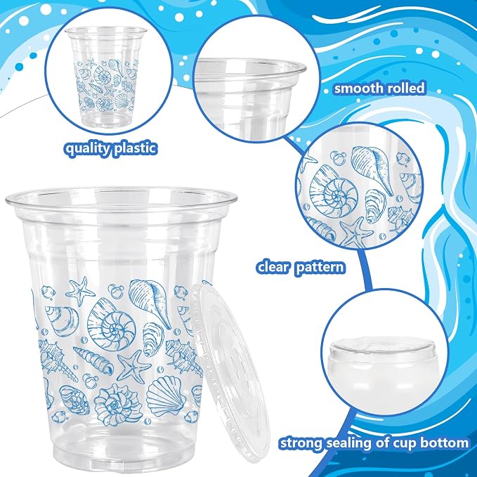 FYSUIMU 50Pcs 12Oz Blue Ocean Plastic Cups with Lids & Straws Seashell Starfish Disposable Clear Drinking Cups for Summer Beach Party Supplies