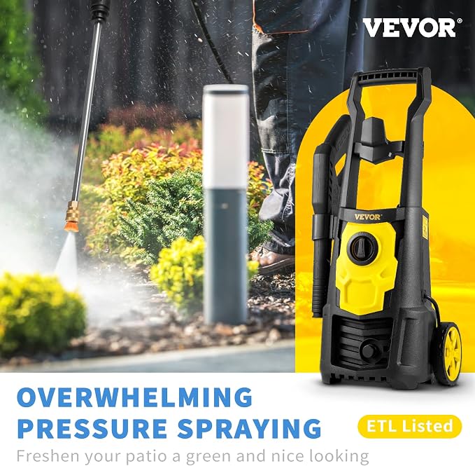 VEVOR Electric Power Washer, 2000 PSI 1.65 GPM, Portable Cleaner with 20ft Hose, Foam Cannon & 4 Nozzles for Cars, Patios, Fences - ETL Listed