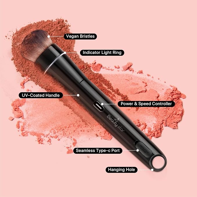 360° Electric Rotating Makeup Brush Set, 5 Vegan Brush Heads, Rechargeable Blending Face Brushes For Foundation, Blush, Powder, Bronzer, Contour, Highlight & Airbrush Finish, Flat Kabuki Brush