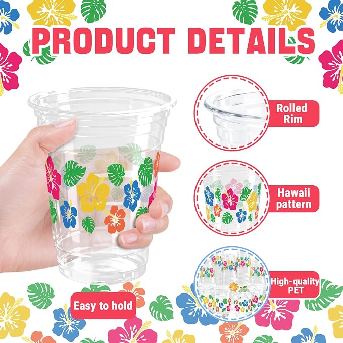 100 Pack Hawaii Hibiscus Flower Plastic Cups 12 oz Colorful Tropical Flower Disposable Cup Drinking Cold Beverage Cup for Summer Beach Luau Aloha Birthday Party Supplies