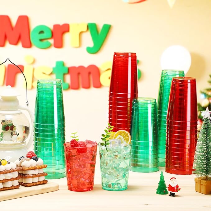 Teenyyou 150 Pcs Christmas Plastic Cups 10 oz Disposable Xmas Cups Heavy Duty Plastic Cup Red and Green Cocktail Cup Drinking Tumblers for Christmas Party Holiday Supplies