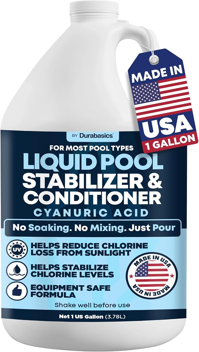 Durabasics Liquid Pool Stabilizer & Conditioner, Cyanuric Acid Pool Stabilizer for Salt Pools & Chlorine Pools, Helps Reduce Chlorine Loss from Sunlight, Easy-Pour Formula, 1 Gallon