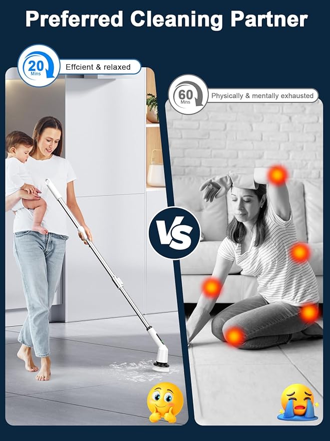 Electric Spin Scrubber for Cleaning Bathroom, Shower Scrubber Cordless Cleaning Brush with IPX7 Waterproof & 2 Speed, 8 in 1 Cleaning Brush Cleaning Supplies for Shower Tub Kitchen Tile Toilet White