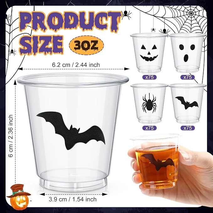 300 Pack 3 oz Halloween Plastic Shot Glasses Disposable Party Shot Cups Bulk Ghost Pumpkin Spider Bat Clear Mini Tasting Cups for Halloween Whiskey Party Favors Drinking Supplies