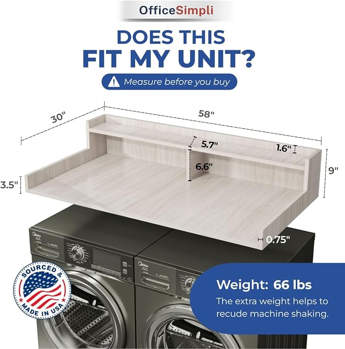 OfficeSimpli Large Washer Dryer Countertop with Shelf - 30 x 58 Inch - Made in USA Laundry Countertop Over Washer and Dryer with Non-Slip Pads, Storage Shelf, Laundry Topper Organizer, Rustic Oak