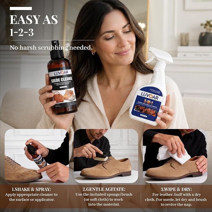 Suede Conditioner and 3-in-1 Leather Cleaner and Conditioner,for Car Interiors, Apparel, Furniture, Boots