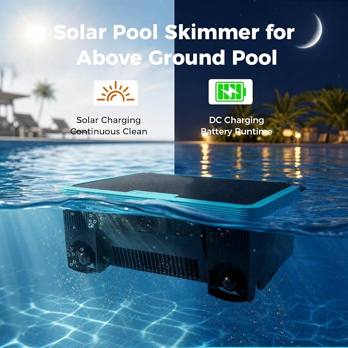 Pool Skimmer Robot,Over-Ground Robotic Pool Cleaner,Solar Powered Pool Vacuum,24H/7D Continuous Cleaning, 180-um, 3L Basket,APP Support