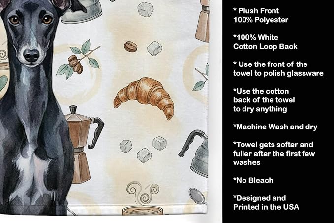 Caroline's Treasures Black Whippet Coffee Bar Kitchen Towel Velour Plush Front and Cotton Loop Back Machine Washable