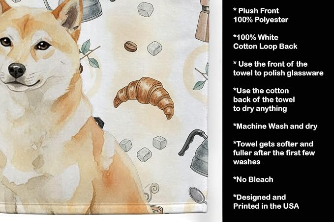 Caroline's Treasures Cream Shiba Inu Coffee Bar Kitchen Towel Velour Plush Front and Cotton Loop Back Machine Washable