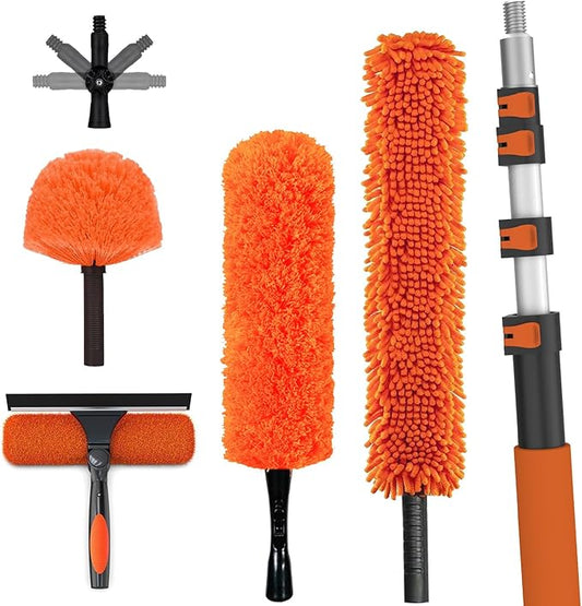 LAANPOLE 36FT High Reach Duster Cleaning Kit with Extension Pole, High Ceiling Fan Cleaner Duster Tool for Fan Blades, Window Washing Kit with Microfiber Feather Duster & Window Squeegee