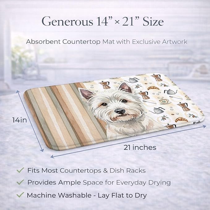 Caroline's Treasures Westie Coffee Bar Dish Drying Mat Absorbent Dish Drying Mat Pad for Kitchen Counter Dish Drainer Mat for Countertop, 14 x 21", Multicolor