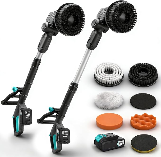 20V Cordless Electric Spin Scrubber with Replaceable Battery & Long Handle - Includes 8 Replaceable Brush Heads for Bathroom, Tile, Grout, Shower, Bathtub, Kitchen, Car & Outdoor Cleaning