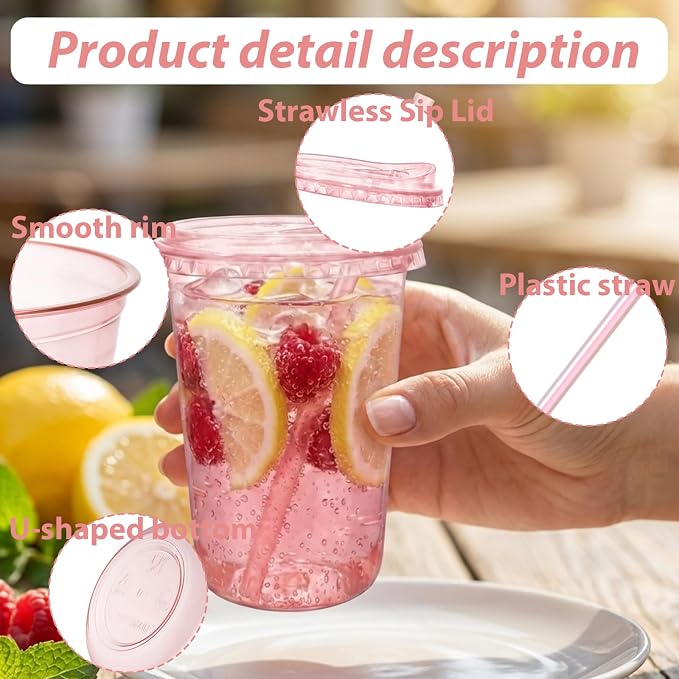 16oz Disposable Stemless Glasses With Strawless Sip Lids and Straws,PET Disposable Drinking Cups,Clear Plastic Wine Glasses for Parties Birthday,Wedding,Meeting,Party Supplies. (100, Pink)