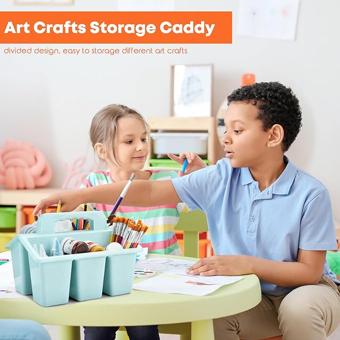 ALINK Classroom Caddy Storage Basket with Handle, 6 Pack Plastic Arts Office Crafts Caddy 4 Compartments for Kids, Pencil, Crayon, Marker, School Supplies - Macaroon