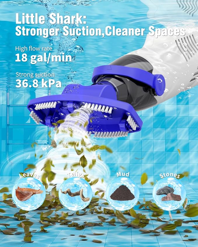 Little Shark Pool Vacuum for Above Ground Pool, Hot Tub Vacuum with a 60w Motor,18 Gal/Min Powerful Suction, Compact & Light Pool Vacuum with 5000mAh Battery, 1h Running Time