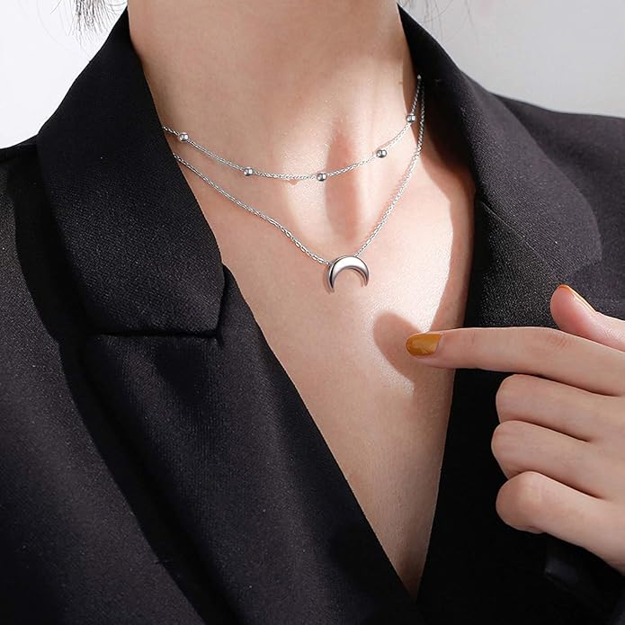 FLYOW Layered Choker Necklace S925 Sterling Silver Star Full Moon Daisy Flower Pendant Disc Jewelry Adjustable Clavicle Necklaces for Women Girls Birthday Gifts