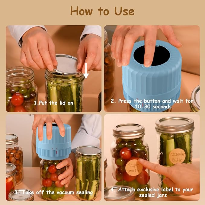 HTPOW Mason Jar Vacuum Sealer, Auto Sealing for Regular and Wide Mouth Jars | Meal prep, food storage, one-touch operation, regular and wide mouth jars, 1300mAh battery, reusable lids