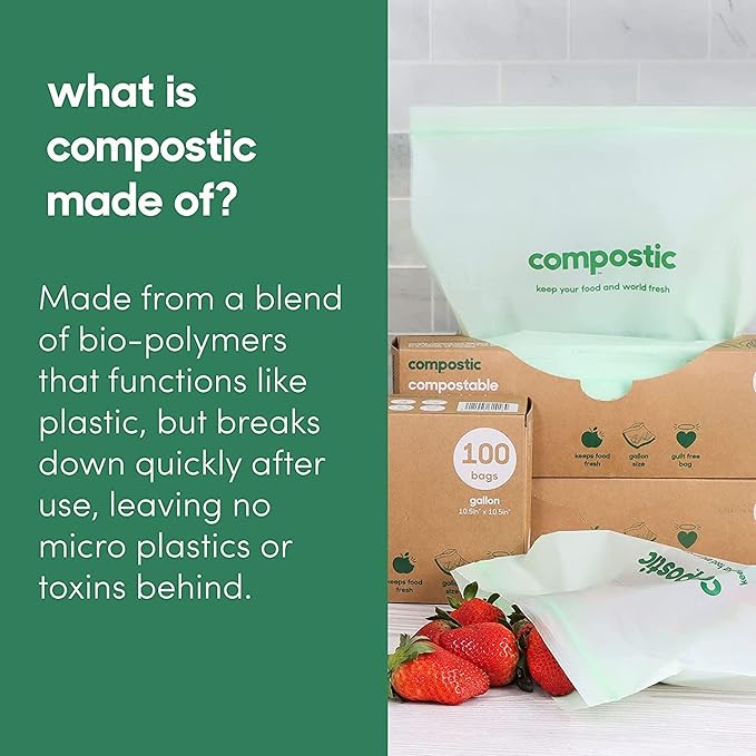 Compostic Compostable Snack Bags, Snack Size (100 Count) Everyday Essential — Resealable Zip-Seal, Plant-Based, Home Compostable, Freezer Safe, BPA-Free, Non-Toxic, GMO-Free Food Storage Bags