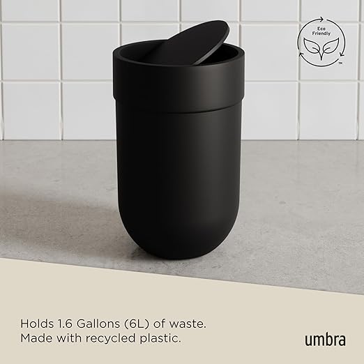 Umbra Touch Trash Can, Small 1.6-Gallon Garbage Bin with Swing Lid, Waste Basket for Bathroom or Office, Black