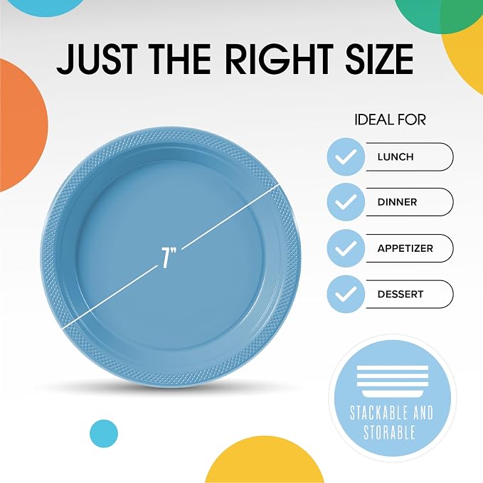 Exquisite Party Solids Light Blue Plastic Plates For Party Supplies 7" Light Blue Disposable Plates Heavy Duty 50 Pcs Plastic Dinnerware Sets Heavy Duty 350 GSM Disposable Dinnerware Set