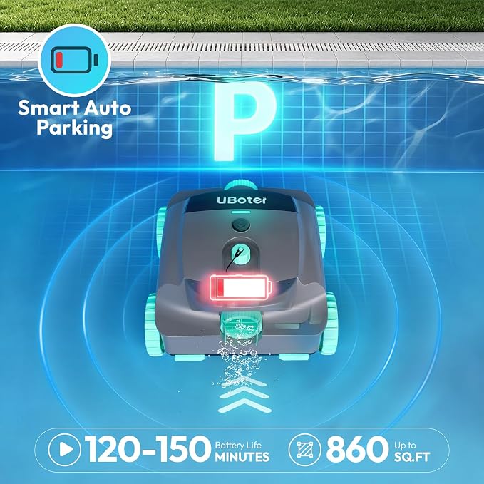 Cordless Robotic Pool Vacuum UBoter E10, Dual-Layer Filtration, Powerful Edge Corner Cleaning, 120–150 Mins Runtime, Auto Parking, No Debris Leakage, for Above Ground Flat Bottom Pools Up to 860 Sq.Ft