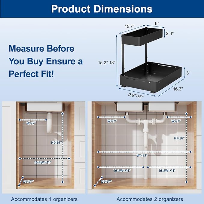 Insputer 2 Pack Under Sink Organizer with 2 Pack Pull Out Cabinet Organizer Expandable Width(12.2"-20.47") & 21" Deep