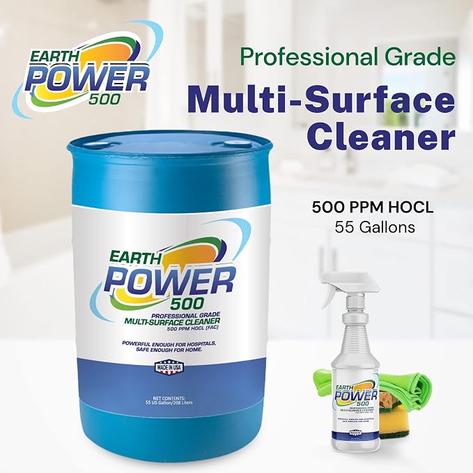 Earth Power Hypochlorous Acid 500 PPM Multipurpose Cleaner – Natural & Non-Toxic – Tile, Refrigerator, Shower, Countertop & Floor Cleaner – Family, Food & Pet Safe Cleaning Supplies – 50 Gallon