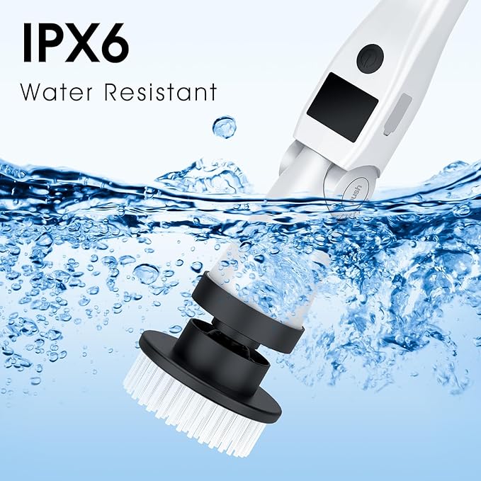 Electric Spin Scrubber, Shower Scrubber with Long Handle, Rechargeable Cordless Power Scrubber, Retractable & Adjustable Angle Spin Brush for Cleaning Bathroom/Tub/Floor/Tile (Black-White+Beige)