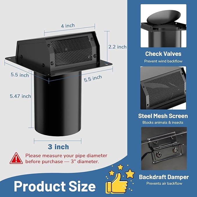3 Inch Dryer Vent Cover Outside, Galvanized Steel Exterior Hooded Wall Vent Cover with Removable Screen & Cushioned Backdraft Flap, Exhaust Vent for House Through-Wall Dryer Vent Kit (Black - 3 Inch)