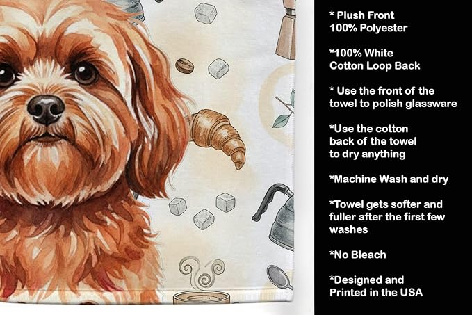 Caroline's Treasures Red Lhasa Apso Coffee Bar Kitchen Towel Velour Plush Front and Cotton Loop Back Machine Washable