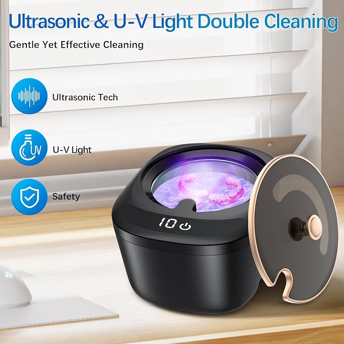 Ultrasonic Retainer Cleaner Machine - Raccomb 45kHz LED Light Ultrasonic Cleaner for Dentures, Aligner, Mouth Guard, Night Guard Cleaner, 230mL Sonic Cleaning Machine for Jewelry, Dental Appliances