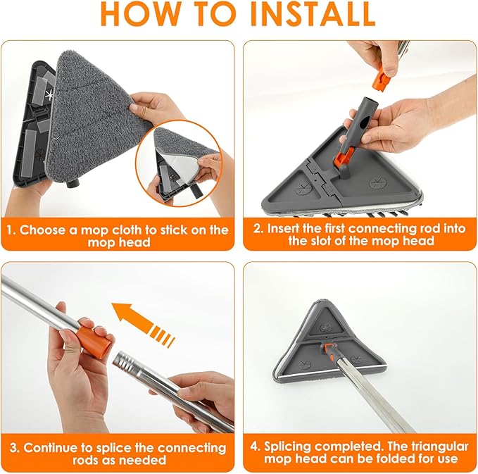 Baseboard Cleaner Tool with Handle,Folding Wall Mop with 79" Extension Pole, Swivel Wall Cleaner Mop with Squeegee, 8 Reusable Pads for Baseboard, Wall, Ceiling, Window, Floor, Furniture