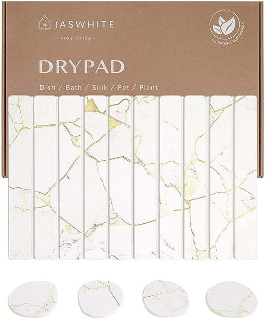 Stone Dish Drying Mat - Large Foldable Marbled Quick Drying Dish Mats With Stone Coasters Set of 4 Collapsible Ultra Absorbent Diatomaceous Earth Mats for Kitchen Counter Bathroom (White)
