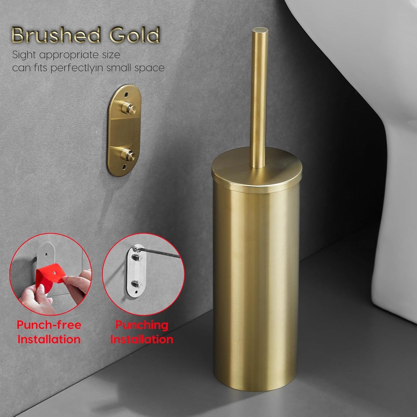 Gold Brushed Stainless Steel Toilet Brush and Cover, No-Punch Hook Base Dual Purpose Toilet Brush Holder with Removable Inner Bucket and Splash Cover - Soft Bristles (Brushed Gold)