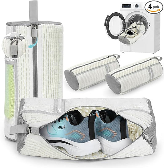 Shoe Washing Machine Bag, 4 Pack Shoe Cleaning Bag for Washer and Dryer, 360° Deep Cleaning Reusable Shoes Laundry Bags for Sneakers with Zipper Protection and Side Mesh Pouch, White