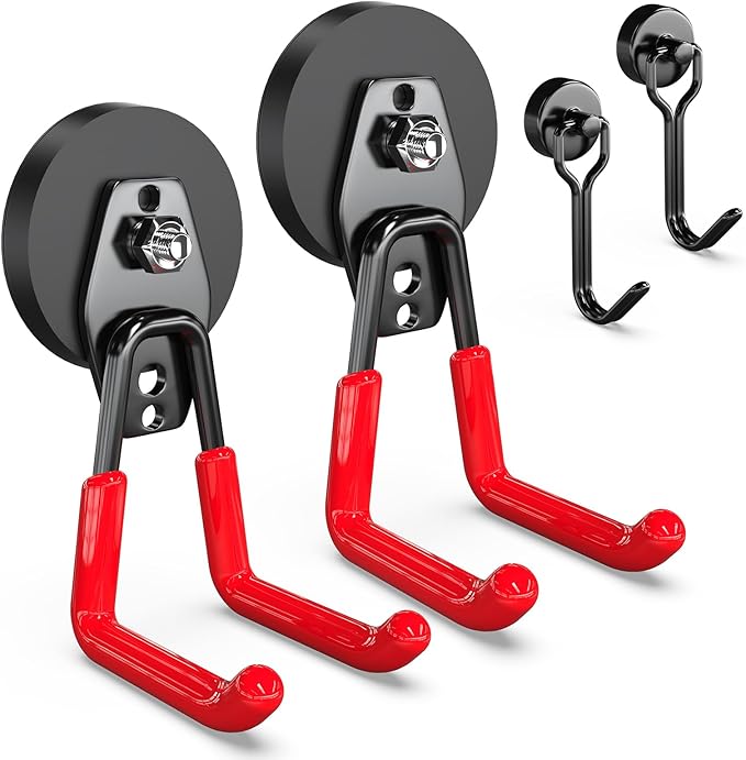 3-H Extra Strong Magnetic Hooks,Heavy Duty Large Anti-Slip Magnet Hooks,No-Drill Tool Holder for Garage,Power Drill,Garden Tools,Hose Storage,2 Pack Red
