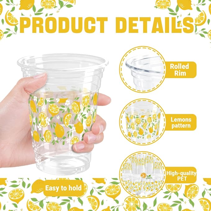 100 Pack Lemons Plastic Cups 16 oz Yellow White Fruit Flower Disposable Cup Clear Lemons Summer Spring Party Favor Drinking Cold Beverage Cup for Party Supplies Decorations