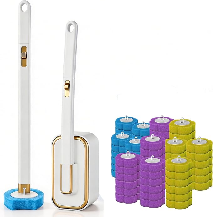 Disposable Toilet Brush Scrubbing 54 Refills Holder Wall Mount | Built-in cleaner, Ergonomic wand, Long handle, No wash,Click-discard