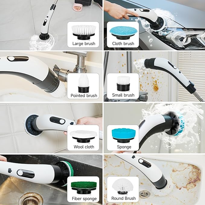 PUNOMO Electric Spin Scrubber, Cordless Bathroom Cleaning Brush with 8 Replaceable Heads & Adjustable Handle, IPX7 Waterproof Shower Scrubber with LCD Display, 2 Speeds for Bathtub, Floor, Tile