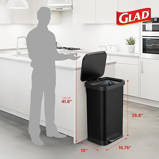 Glad 20 Gallon All Stainless Steel Trash Can with Clorox Odor Protection | Large Metal Kitchen Garbage Bin with Soft Close Lid, Garbage Bag Rings, Step On Foot Pedal and Waste Bag Roll Holder, Black