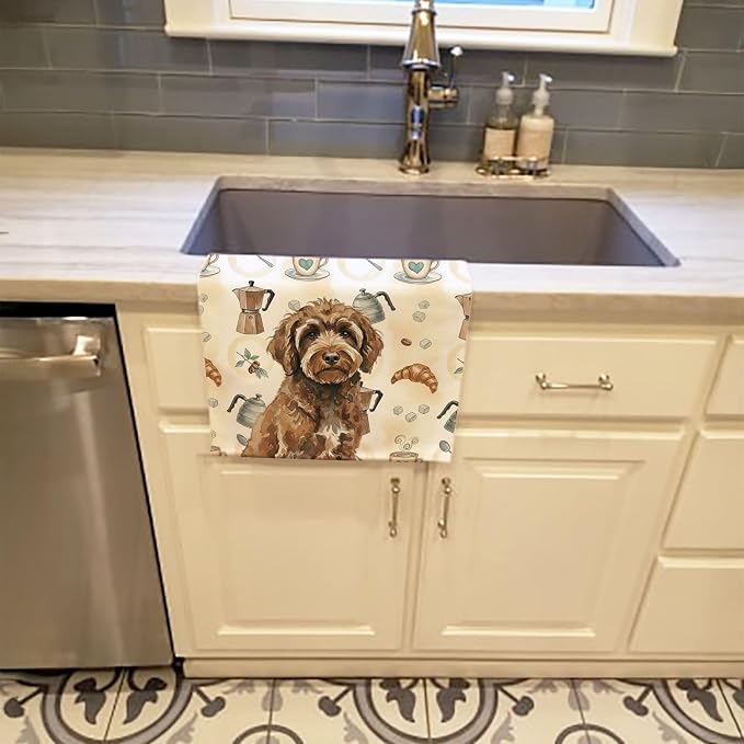 Caroline's Treasures Brown Portuguese Water Dog Coffee Bar Kitchen Towel Velour Plush Front and Cotton Loop Back Machine Washable