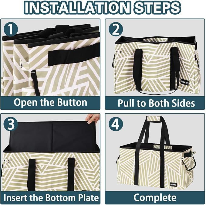 Standing Extra Large Utility Tote Bag with Hard Bottom & Hard Sides, Heavy Duty Reusable Grocery Bags with Handles & 3 Pockets for Shopping, Picnics, Camping, Laundry, Car, Beach Tote Bag