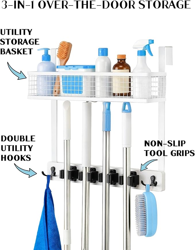 Lorbro Over the Door Broom Holder with Cleaning Supply Organizer, Wooden Mop and Broom Holder Wall Mount, 4 Grips, 4 Hooks, No-Drill Storage Rack, Mop Hanger for Laundry Room, Garage, Storage