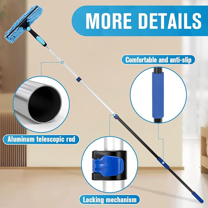 Cobweb Duster with Extension Pole, 20Ft Ceiling Fan Cleaner Duster, High Ceiling Duster Kit with 5-12Ft Telescoping Extension Pole, Long Handle Duster for High Ceilings, Window Washer Kit