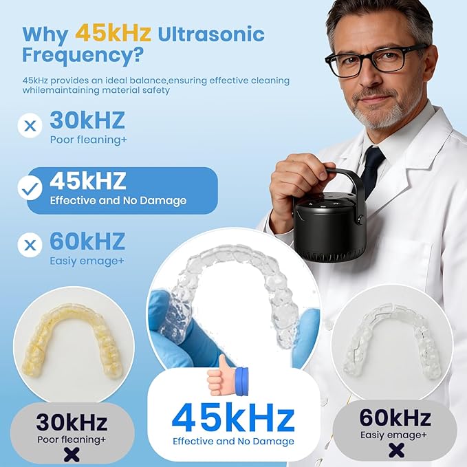 Ultrasonic Retainer Cleaner Machine, Upgraded Handle Design, 45kHz Dentures, Night Guards, Aligners & Jewelry, Digital Timer Deep Cleaning