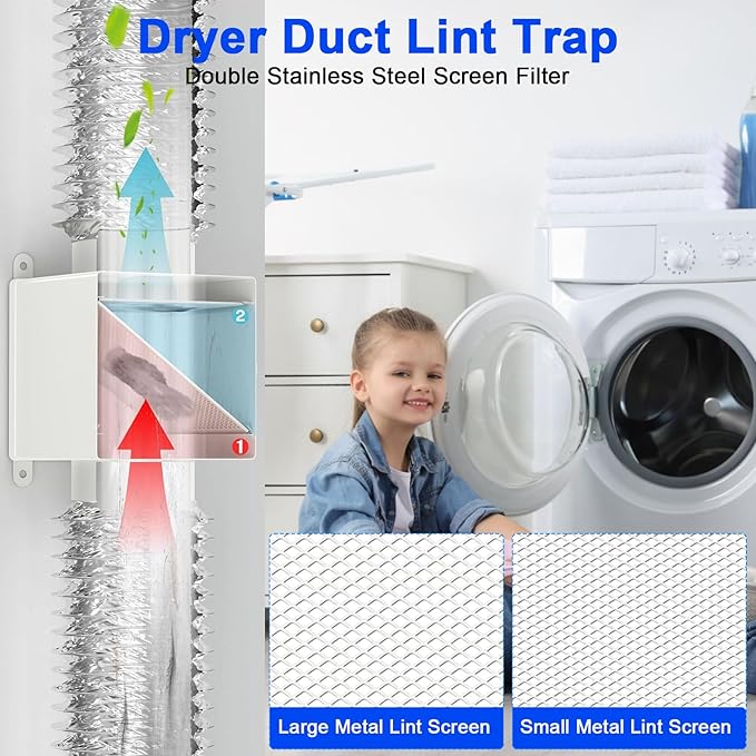 Dryer Duct Lint Trap, Metal Indoor Dryer Vent Box with 4inch 5FT Dryer Vent Hose, 2 Clamps, 2 Stainless Steel Mesh, Secondary Lint Trap for Electric Clothes Dryers -Complete Dryer Vent Cleaning System