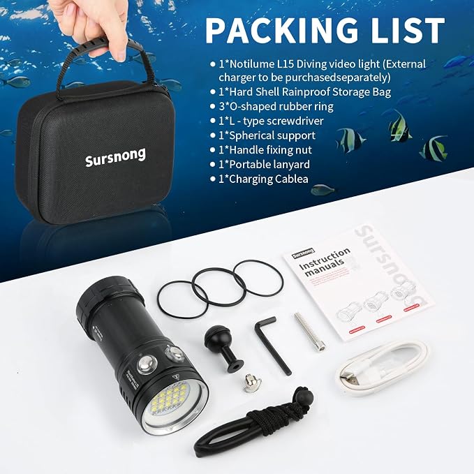Noctilume N15 6000 Lumens Dive Light - Professional Underwater Video Light with 90 CRI, 6500K White Light, for Scuba Diving/Underwater Photography/Videography (IP68 Waterproof, 80m Depth)