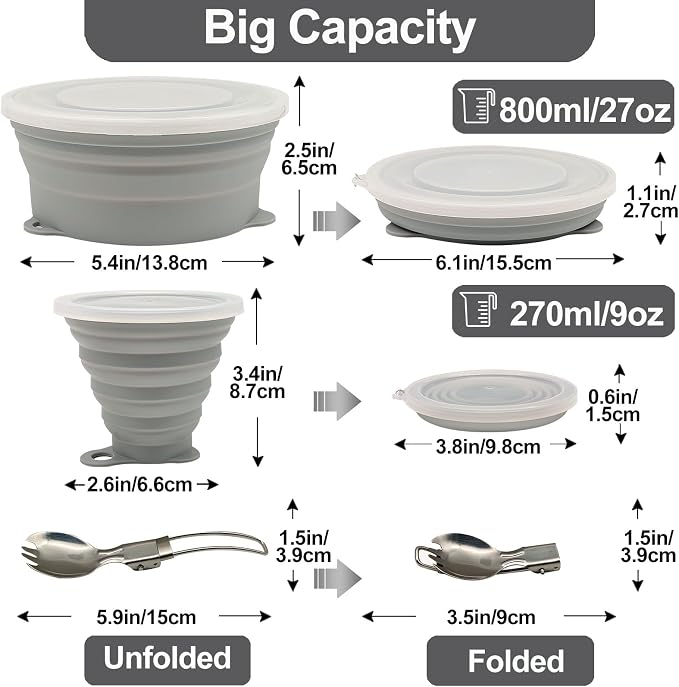 Mess Kit for Camping Silicone Collapsible Bowl Collapsible Cup and Stainless Steel Spoon for Backpacking Outdoor Hiking Traveling and Picnic - 2 Pack