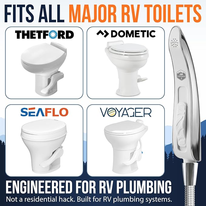 Clean Camper RV Handheld Bidet Sprayer – Stay-Seated Design RV Toilet Sprayer, Engineered for All RV Toilets, Backflow Preventer, Extra-Long 5' Hose & Adjustable Pressure
