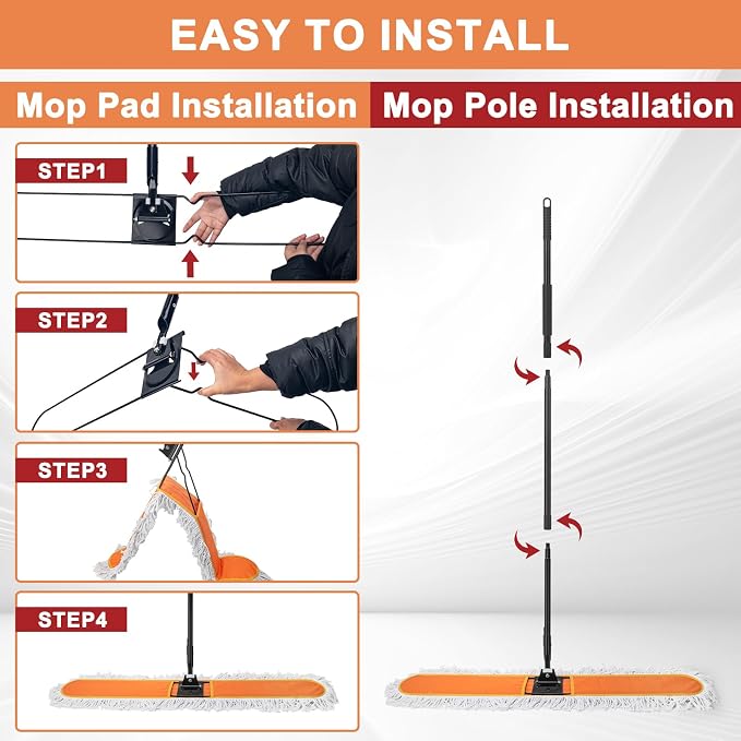 48" Commercial Dust Mops for Floor Cleaning, Heavy Duty Floor Duster with 60" Long Handle, Industrial Wet Dry Sweeper Mop with 2 Reusable Mop Pads for Janitor Indoor Warehouse Gym Hotel Clean